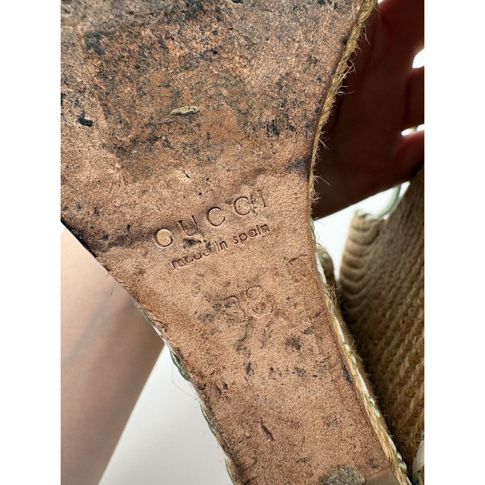 Gucci Light Green Leather & Rattan Wedge Espadrille Sandals Sz EU 38 - Picture 12 of 12